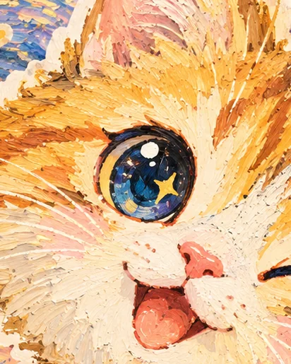 油画局部：盛着蓝色星河的猫眼